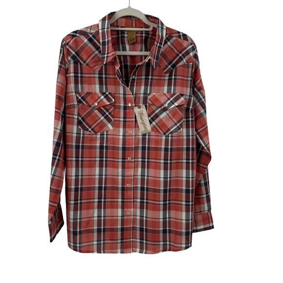 Women's Wrangler 112344676 Essential Western Red Orange Plaid Long Sleeve Shirt - Picture 2 of 9